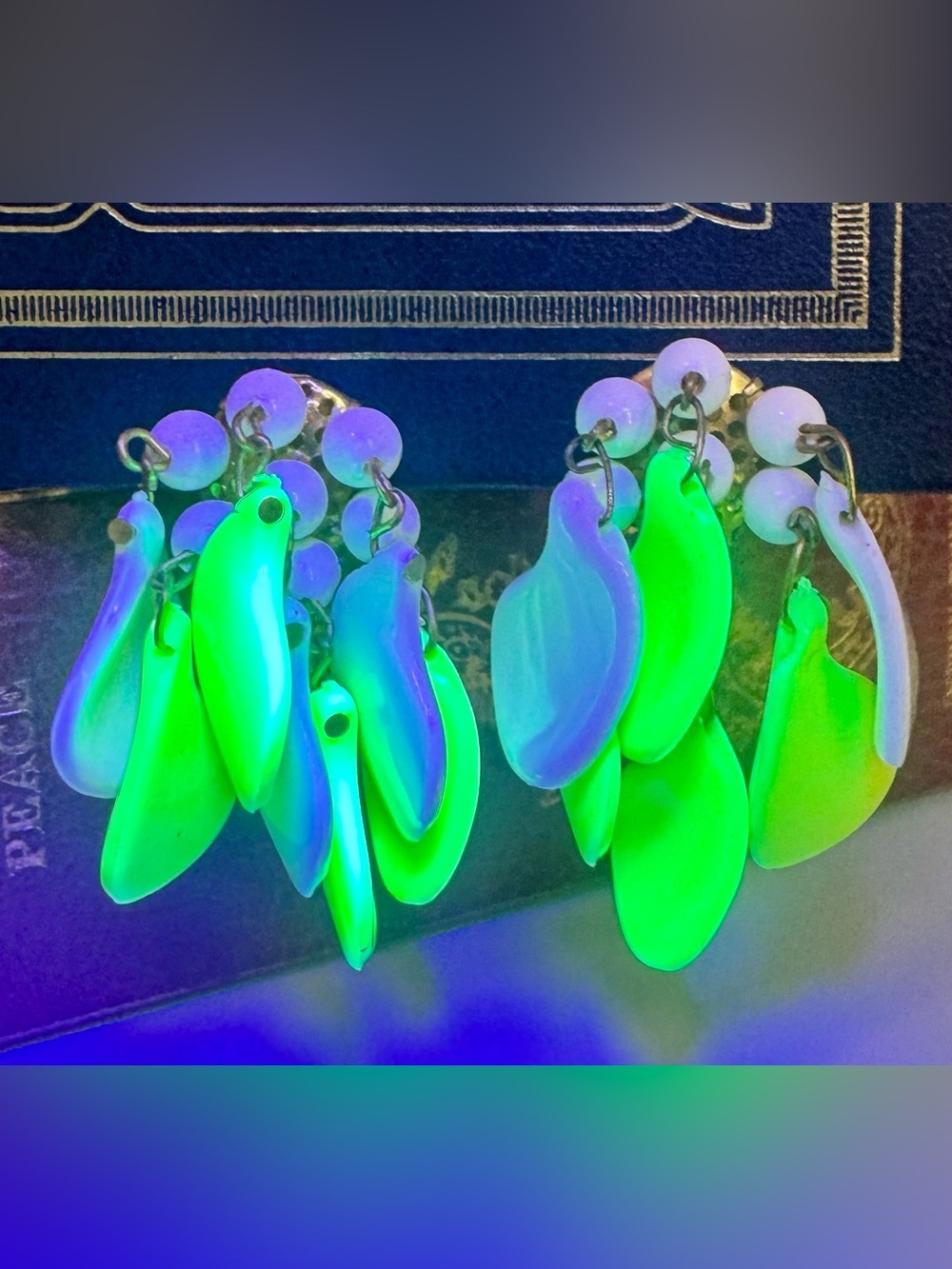 GLOW! Vintage MOD Western Germany Neon Lucite Waterfall Cluster Clip On Earrings